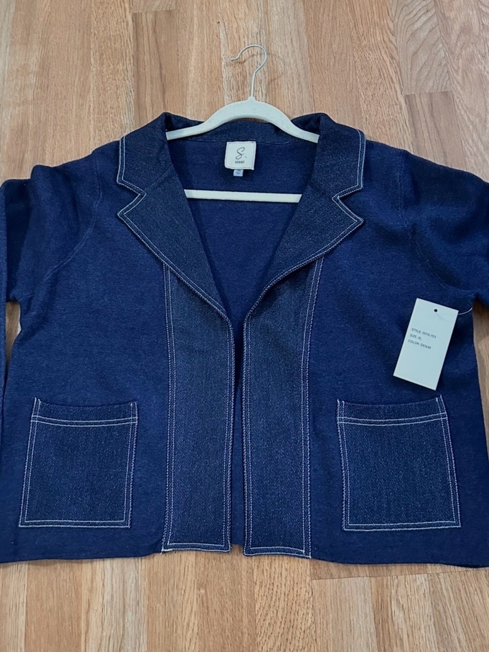 Sioni Navy Open-Front Denim-Style Blazer